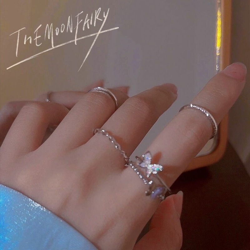 iF YOU Bộ Nhẫn Màu Bạc Hình Trái Tim/Bướm Đính Ngọc Trai Phong Cách Hàn Quốc Cổ Điển Thời Trang Cho Nữ