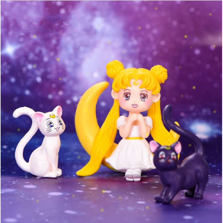 Mô hình Sailor Moon và Tuxedo Mặt Nạ cùng 2 chú mèo Luna / Artemis dùng trang trí bánh, bàn làm việc, DIY