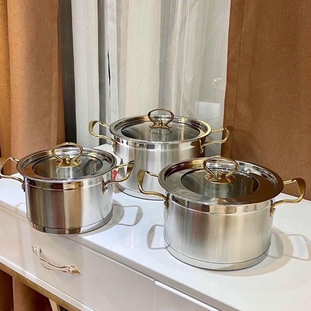 Bộ nồi inox Misu Louis truyền nhiệt nhanh, bộ nồi 3 đáy nắp thủy tinh chùi rửa dễ dàng chất liệu an toàn cao cấp Angola
