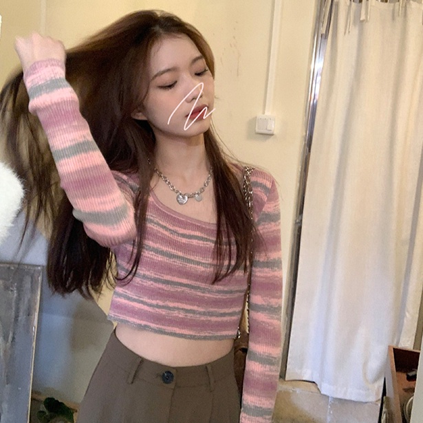 Áo Croptop Dệt Kim Họa Tiết Kẻ Sọc Màu Hồng Thời Trang Cho Nữ