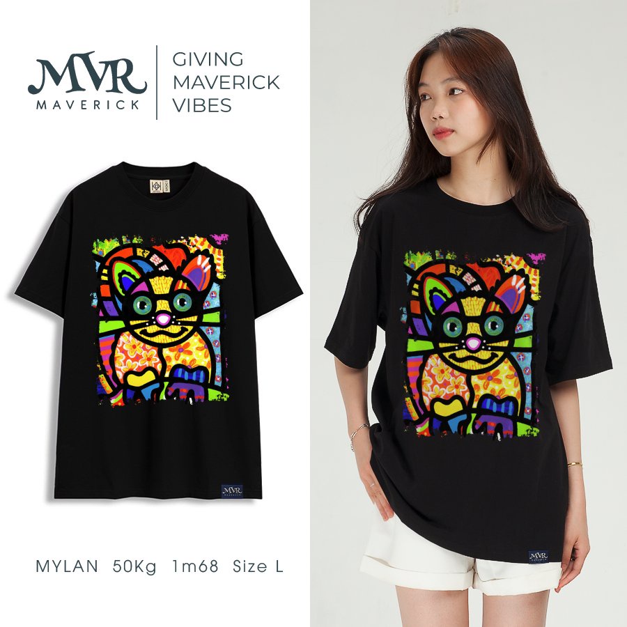 Áo phông thun Cotton nam nữ mèo nghệ sĩ màu sắc MVR size rộng tee Mỹ BB4104