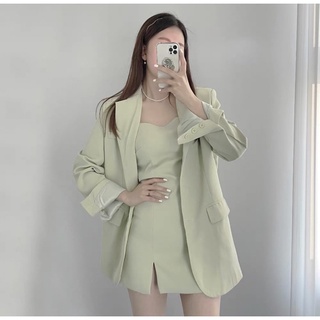 set đầm 2 dây đen khoác vest form dài