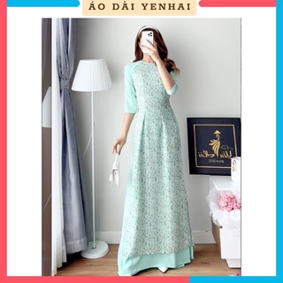 Áo dài hoa nhí cúc họa mi màu xanh ngọc hàng cách tân 4 tà | Mã H2