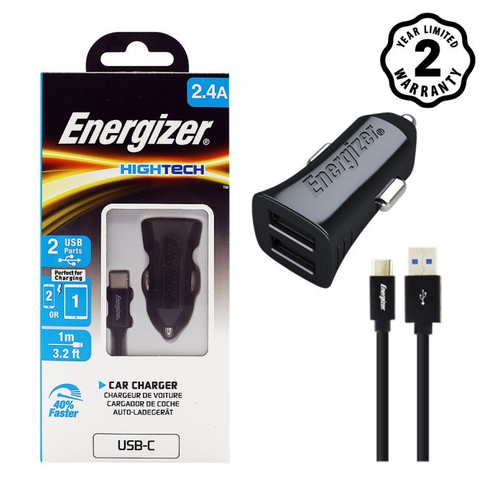 Sạc Ô Tô Energizer 2.4A 2USB + Kèm cáp USB Type-C 2.0 - DCA2BHC23