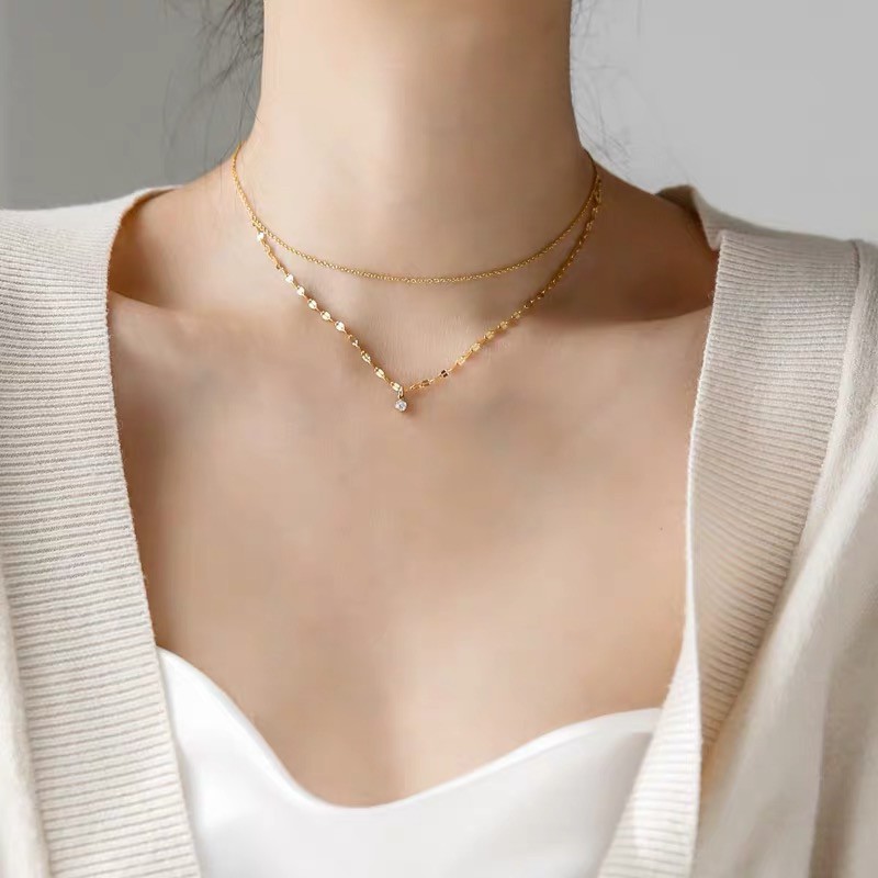 Dây chuyền hai lớp đính đá zircon đơn giản phong cách Nhật Bản nhẹ nhàng sang trọng