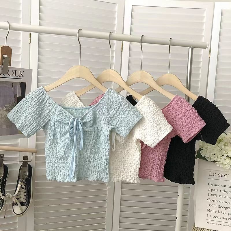 Áo Kiểu Tay Ngắn Màu Trơn Xếp Ly Trẻ Trung Hợp Thời Trang