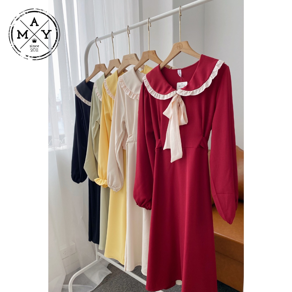 Váy Cổ Sen Viền Bèo Gắn Nơ Cổ MAY.SINCE2011 Thiết Kế Ôm Trên Vạt Váy Xòe Chất Liệu Vải Thoáng Mát MAN01-0087 | BigBuy360 - bigbuy360.vn