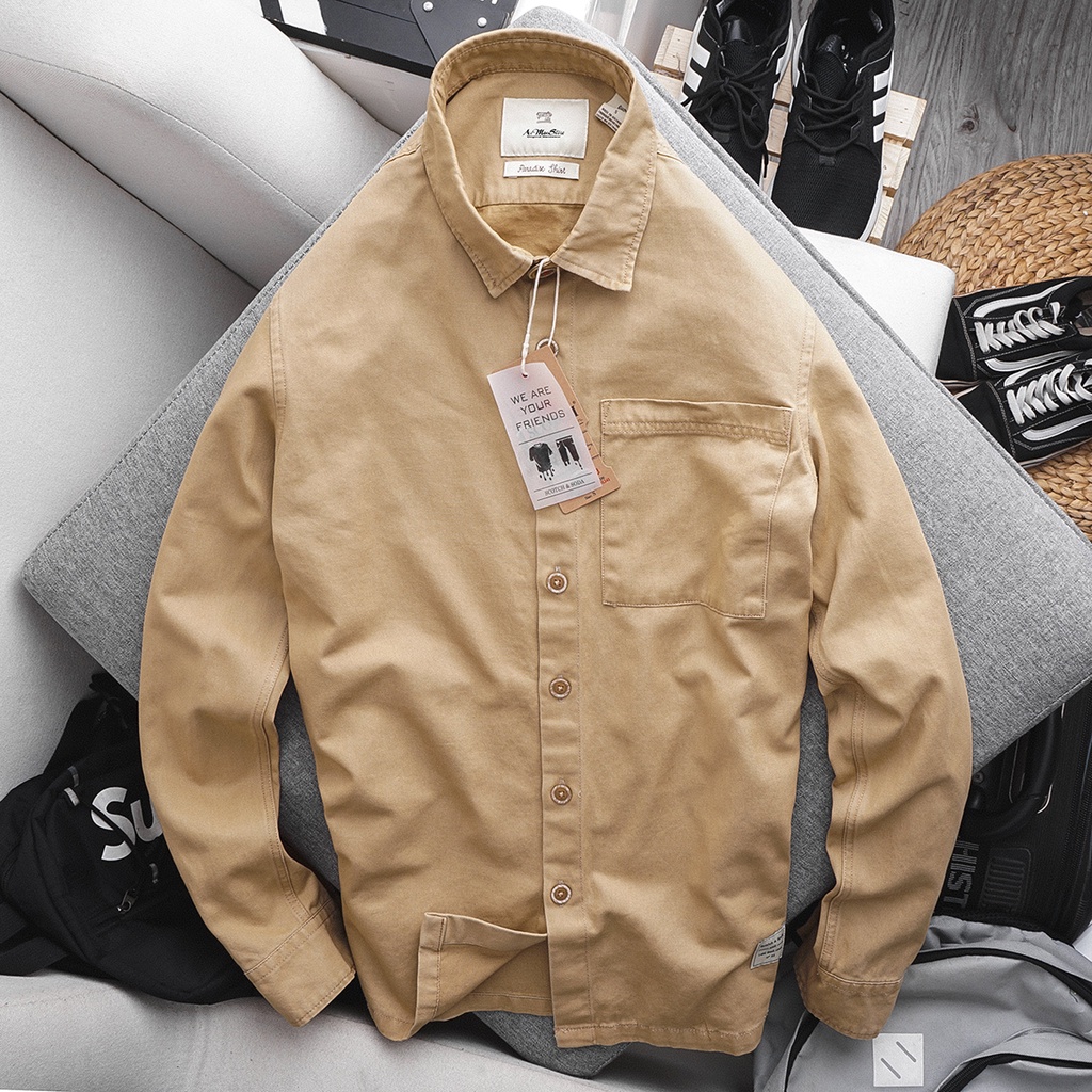 Áo sơ mi denim nam màu rêu chất dày đẹp fom rộng phong cách phố thời trang 2022 của hãng thời trang nam Muslan