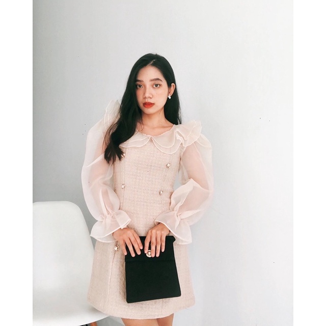 [THIẾT KẾ CAO CẤP]Váy dạ tweed tiểu thư phối tay phồng tơ organza đính nút ngọc chảnh,Váy dạ tweed ngọc tay phồng cổbèo | BigBuy360 - bigbuy360.vn