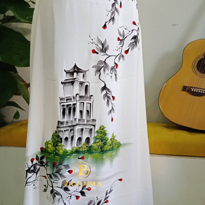 Vải áo dài vẽ Tháp Rùa & Hồ Gươm siêu đẹp, uy tín & chất lượng nhất - Thương Hiệu Brahma