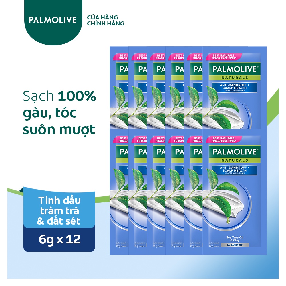 Bộ 12 gói dầu gội Palmolive có dầu xả làm sạch gàu từ tinh dầu tràm trà và đất sét 6gx12