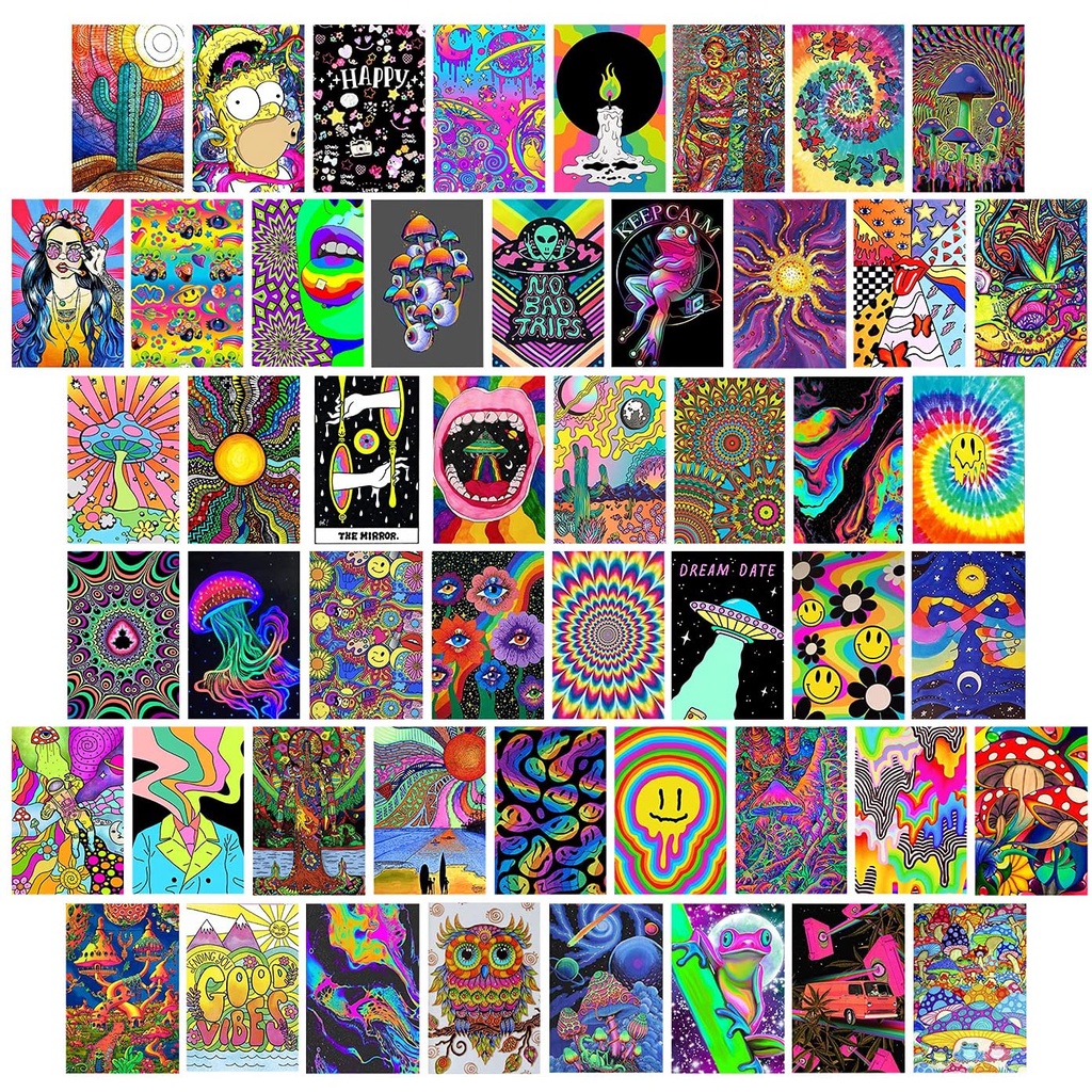 Combo 16 tấm Wall Collage dán tường trang trí phòng ngủ - theme PSYCHELIC