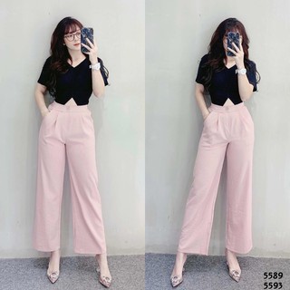 Quần ống rộng form dài 87cm lưng nút trước lưng thun sau vải dày đứng ống quần