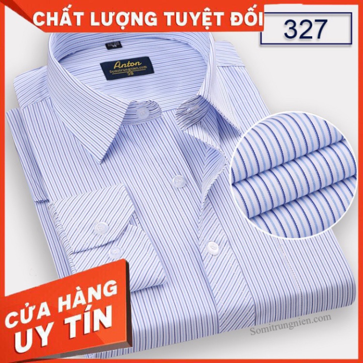 Áo Sơ Mi Nam Công Sở Trung Niên Thương Hiệu Anton Xanh Dương Kẻ Sọc Dài Tay Vải Cotton Kẻ Sọc Đôi - 327 - Hàng nhập khẩu