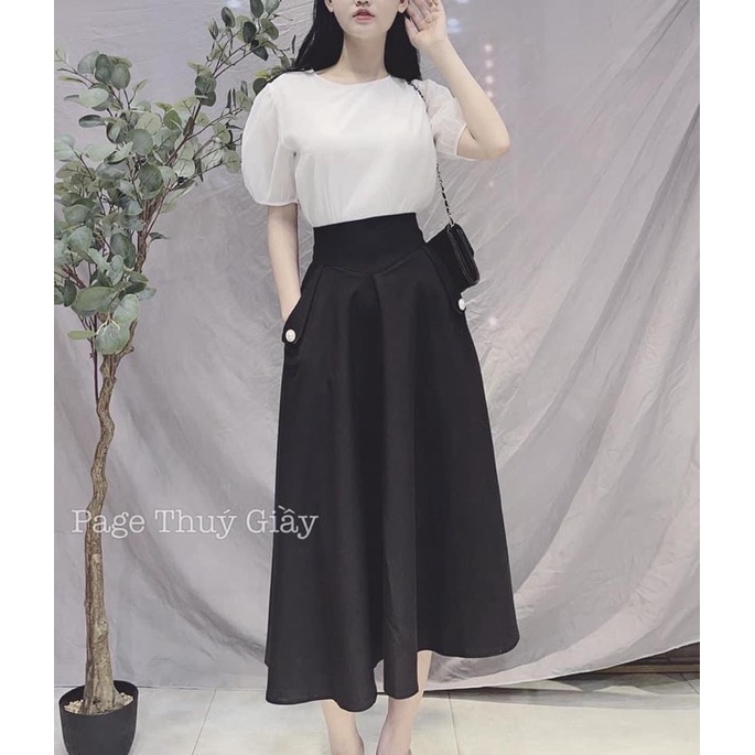 BÁN SỈ CHÂN VÁY XOÈ MIDI GEN BỤNG 2 MÀU ĐEN NÂU CHO NỮ | BigBuy360 - bigbuy360.vn
