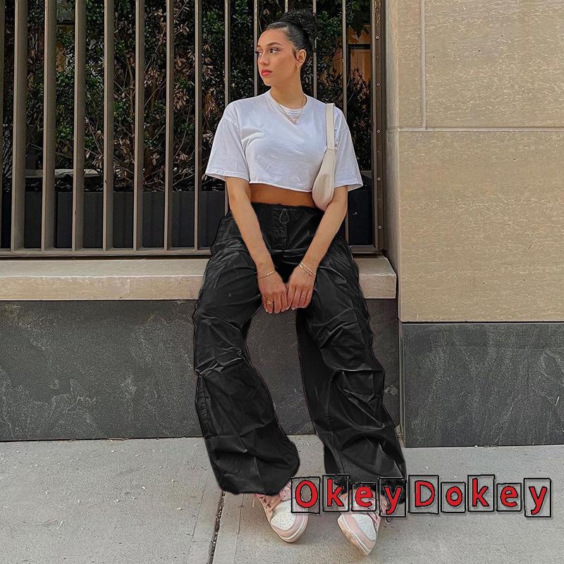 Quần Baggy Lưng Thấp Màu Trơn Phối Dây Rút Thời Trang Harajuku y2k