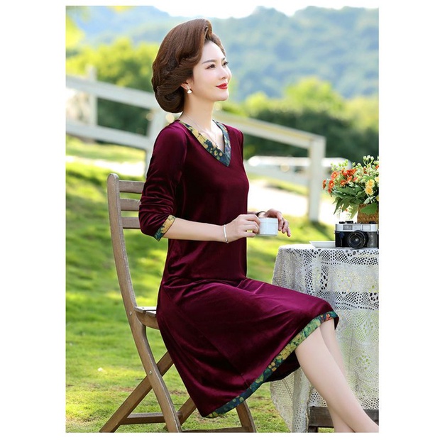 Aimeisi Đầm Nhung Dài Tay Thời Trang Xuân Thu Cho Phụ Nữ Trung Niên