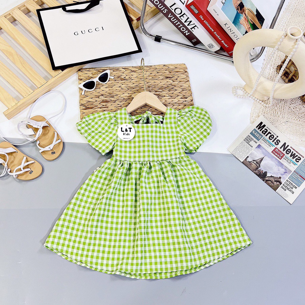 VÁY MAXI CARO PHỐI NƠ LƯNG ĐI BIỂN, TAY PHỒNG CỰC XINH CHO BÉ GÁI