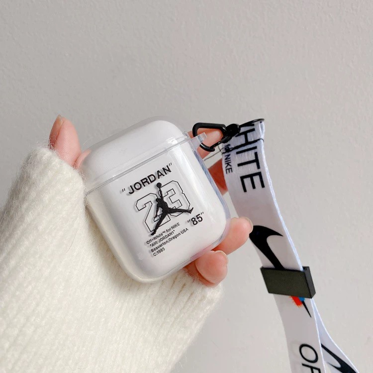 Vỏ bọc hộp đựng tai nghe Airpods 1/2 mềm mại trong suốt in họa tiết “Nike x Off-White” có dây đeo