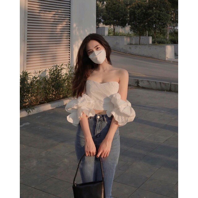 Áo Croptop Trễ Vai Tay Phồng Dáng Ôm Cúp Ngực Phong Cách Tiểu Thư Sang Chảnh