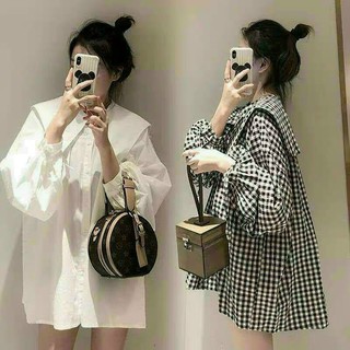 Áo sơ mi form rộng trắng, kẻ, đen