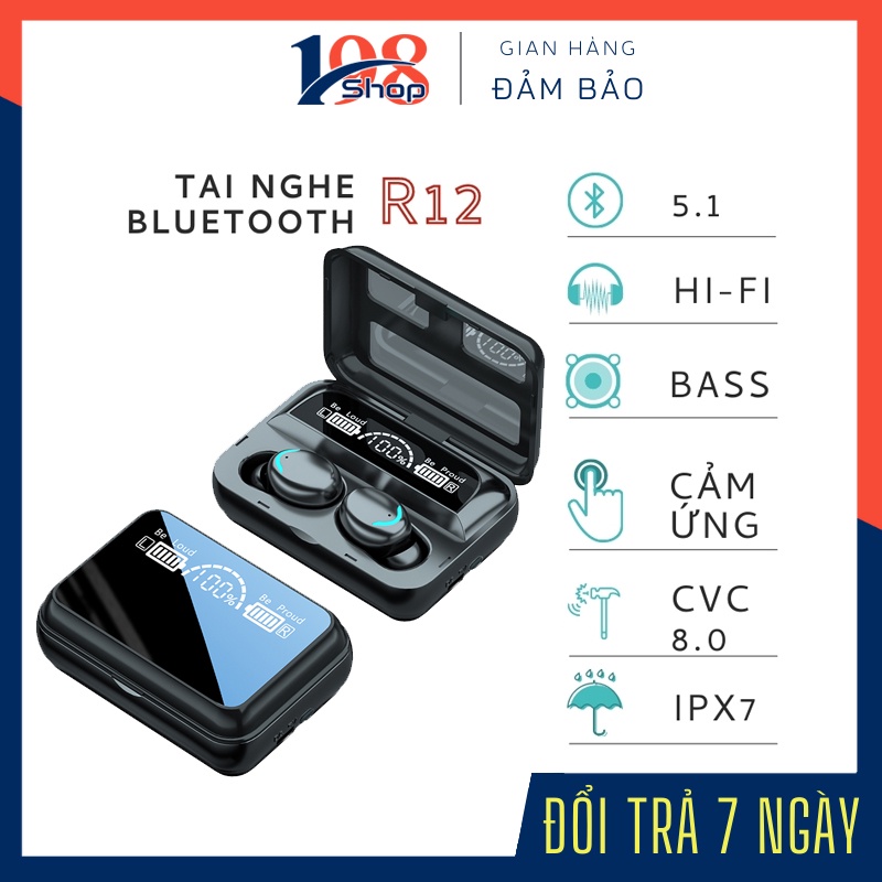 Tai Nghe Bluetooth TWS R12 Bass chắc khỏe, Công nghệ bluetooth 5.1 TWS âm thanh nổi, Cảm ứng chạm, Tích hợp sạc dự phòng