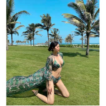 Sét bikini 3 món họa tiết rắn đồ bơi 2 mảnh kèm áo khoác KONKUN MS111