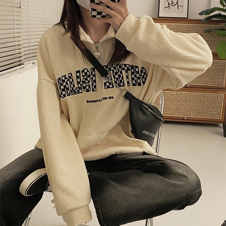 Áo Sweater Nhung Kẻ Dáng Rộng In Chữ Thời Trang Mùa Thu Dành Cho Nữ