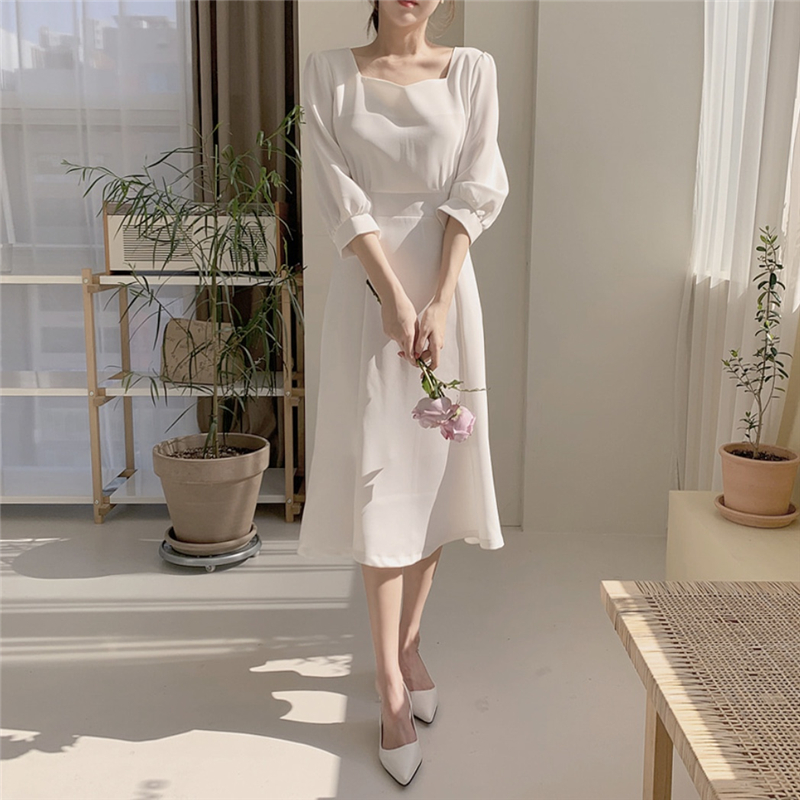 Đầm Midi Tay Dài Cổ Vuông Màu Trơn Thời Trang Thanh Lịch 34617