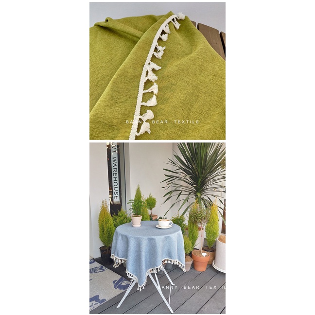 Khăn trải bàn hình vuông bằng vải cotton lanh phối tua rua màu sắc phong cách Bắc Âu
