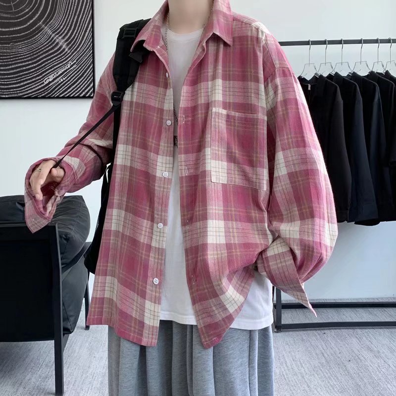 Áo sơ mi tay dài dáng rộng kẻ sọc caro phong cách Nhật Bản thời trang cho nam size M-3XL