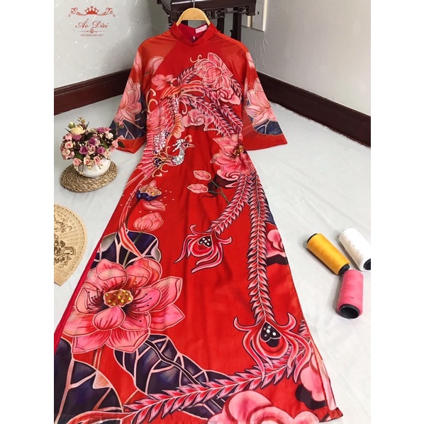 Áo dài cách tân 4 tà tơ sen đỏ kết đính áo dài sen thiết kế tặng kèm gương mini cho đơn trên 250k