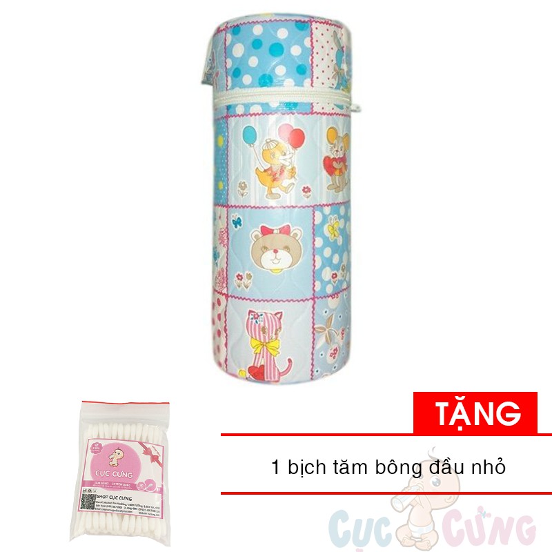 Ủ bình sữa cổ thường Hello BaBy - ĐƠN 3 lớp (lõi nhựa) - họa tiết ngẫu nhiên Tặng 1 bịch tăm bông đầu nhỏ cho bé