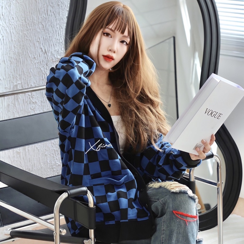 Áo Khoác Nam Nữ Cardigan Màu Caro Đen Xanh Thêu Logo Chất Nỉ Oversized Thương Hiệu By Xfire CARD-CARNI-BC622