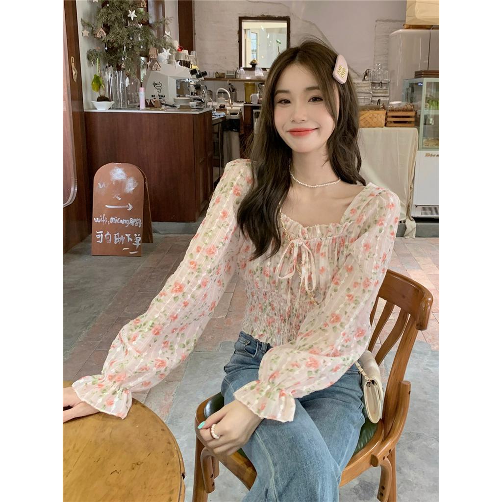 Áo Hoa Cổ Vuông Dáng Rộng Dài Tay Phong Cách Hàn Quốc Sành Điệu 62024