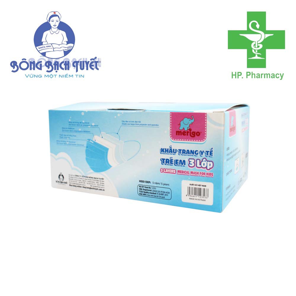 Hộp 30 Chiếc Khẩu Trang Y Tế Trẻ Em Kháng Khuẩn MERIGO Cho Bé Từ 6 Đến 11 Tuổi - Chính Hãng Bông Bạch Tuyết