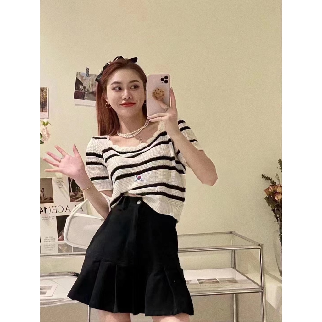 Áo thun ZHELIHANGFEI tay ngắn cổ vuông họa tiết kẻ sọc ngang dáng ôm dễ phối đồ