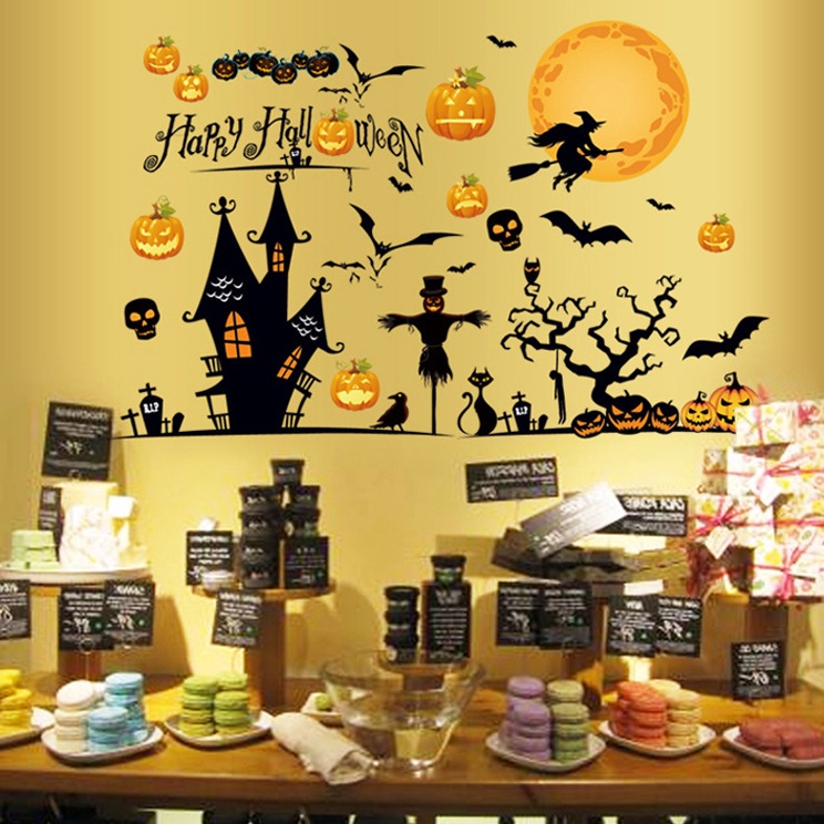 Bộ 4 Tấm Sticker Dán Tường / Kính Cửa Sổ / Cửa Sổ Họa Tiết Halloween Độc Đáo
