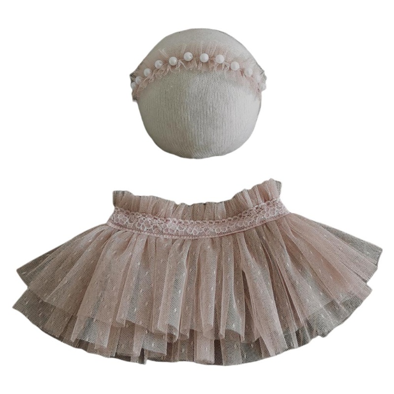 Set Băng Đô Và Chân Váy Ren Đính Ngọc Trai Dùng Làm Phụ Kiện Chụp Ảnh Cho Bé Sơ Sinh