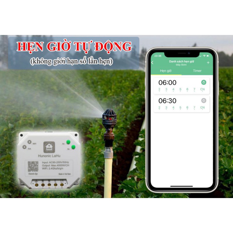 Công tắc Thông Minh Hunonic Lahu Điều Khiển Từ Xa Qua Điện Thoại. Cho Máy Bơm. Tưới Cây. Bình Nóng Lạnh. Tủ Điện