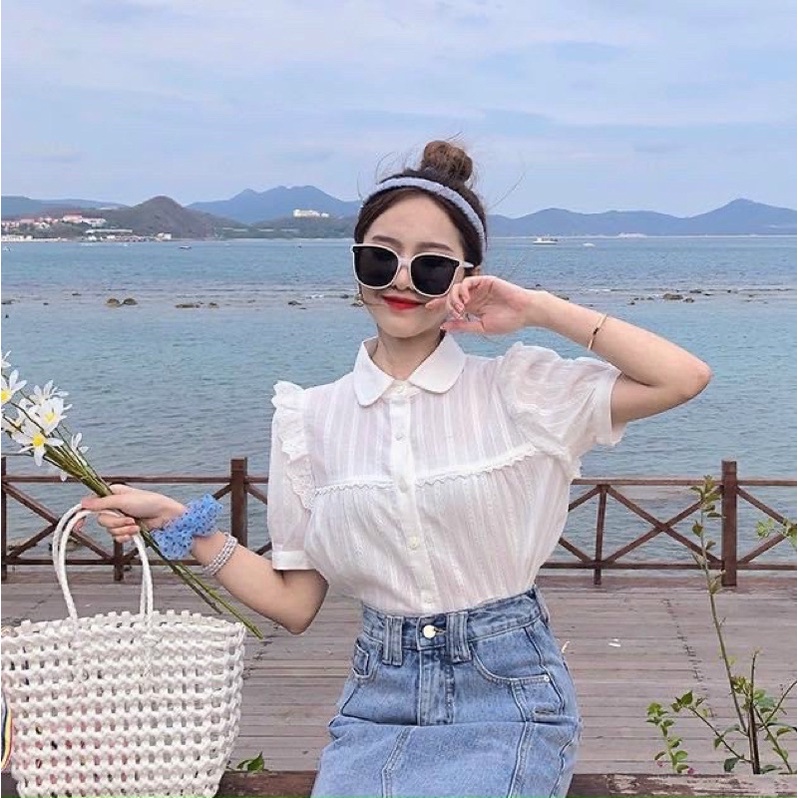 Sơ mi cổ sen ren cộc ảnh thật vintage