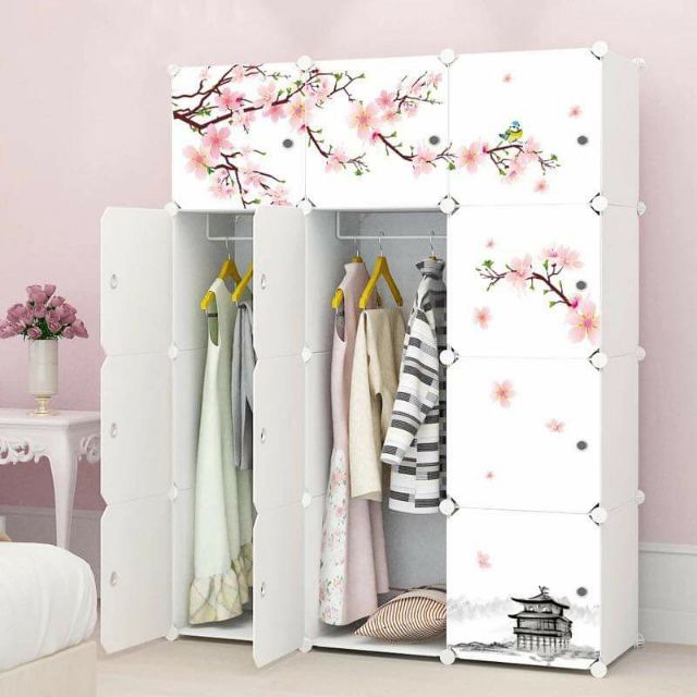 🍒TỦ NHỰA LẮP GHÉP - TỦ QUẦN ÁO- TỦ NHỰA 12 Ô TRẮNG HOA ĐÀO SÂU 47CM. TẶNG KÈM 2 TREO ĐỒ