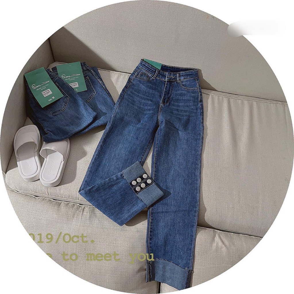 [VIDEO+FREESHIP ] QUẦN JEANS ỐNG SUÔNG NỮ LƯNG CAO CO GIÃN GẬP GẤU PHỐI 6 NÚT SAU MÀU XANH ĐẬM DÀY DẶN TÔN DÁNG HADI