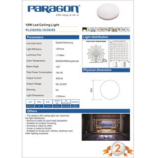 ĐÈN LED ỐP TRẦN PARAGON PLCQ355L18