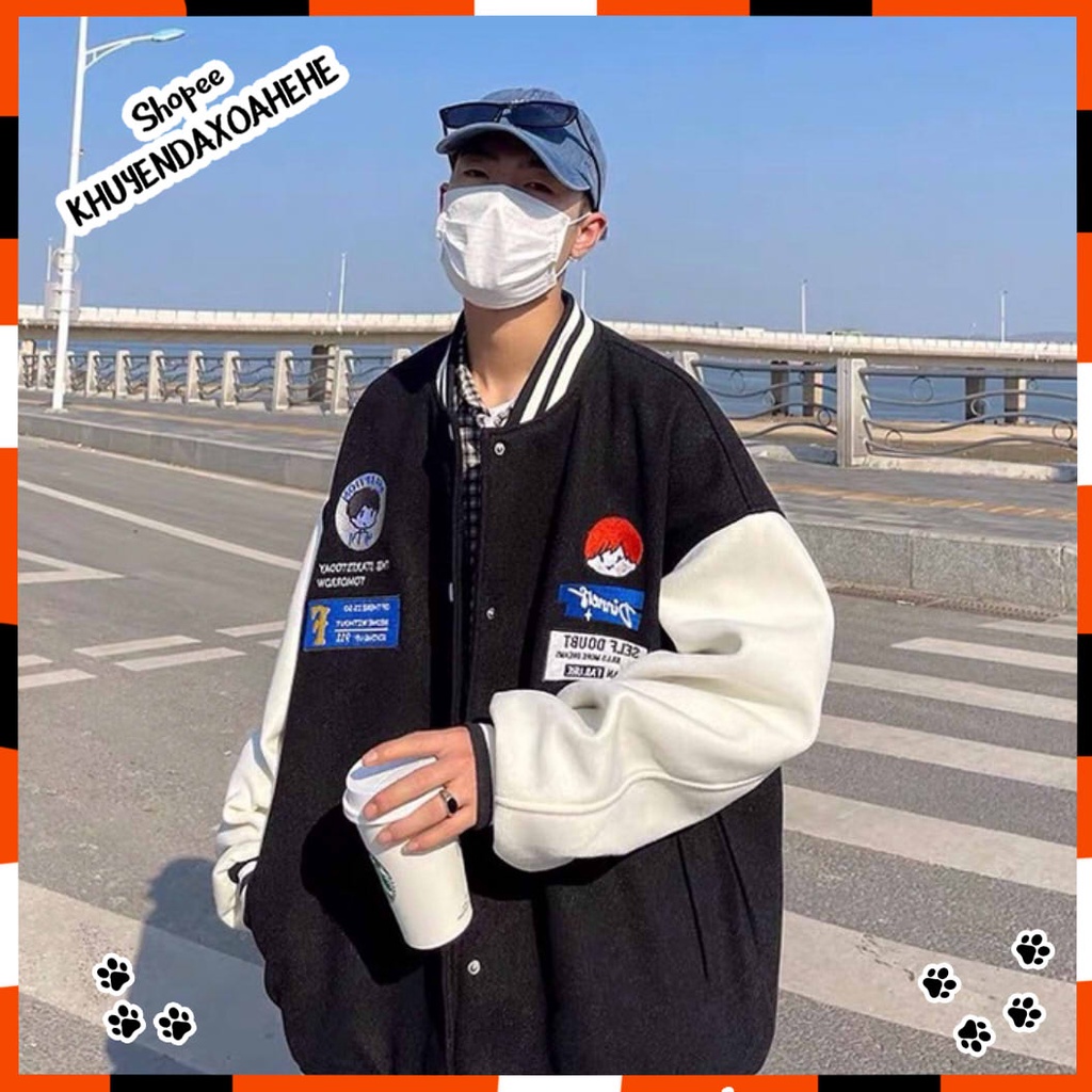 AK018 Áo bomber jacket logo bé trai nam nữ đen nâu be oversize dáng to Áo khoác nỉ bóng chày unisex form rộng thu đông | BigBuy360 - bigbuy360.vn