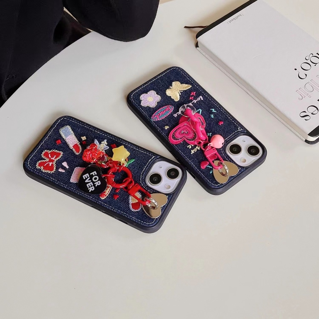 Ốp Điện Thoại Tpu denim Mềm Chống Trượt Thêu Hình Hoạt Hình Có Dây Đeo Cổ Tay Cho iphone 11 12 13 pro xs max xr