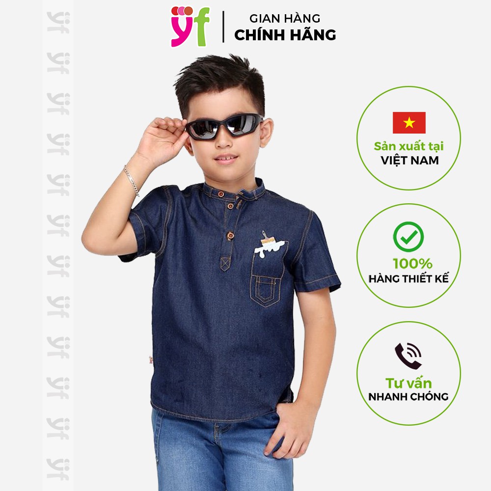 Áo sơ mi jean bé trai cổ trụ YF, jean cotton wash mềm sành điệu 8AY003