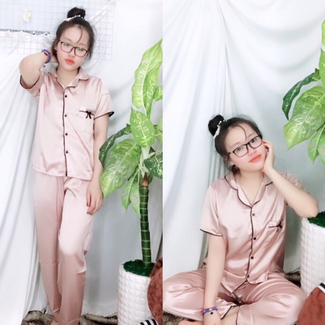 Pizama phi lụa tay ngắn quần dài nơ | BigBuy360 - bigbuy360.vn