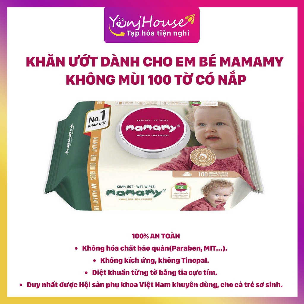 (CHÍNH HÃNG ) KHĂN ƯỚT DÀNH CHO EM BÉ MAMAMY KHÔNG MÙI 100 TỜ CÓ NẮP – YENJHOUSE