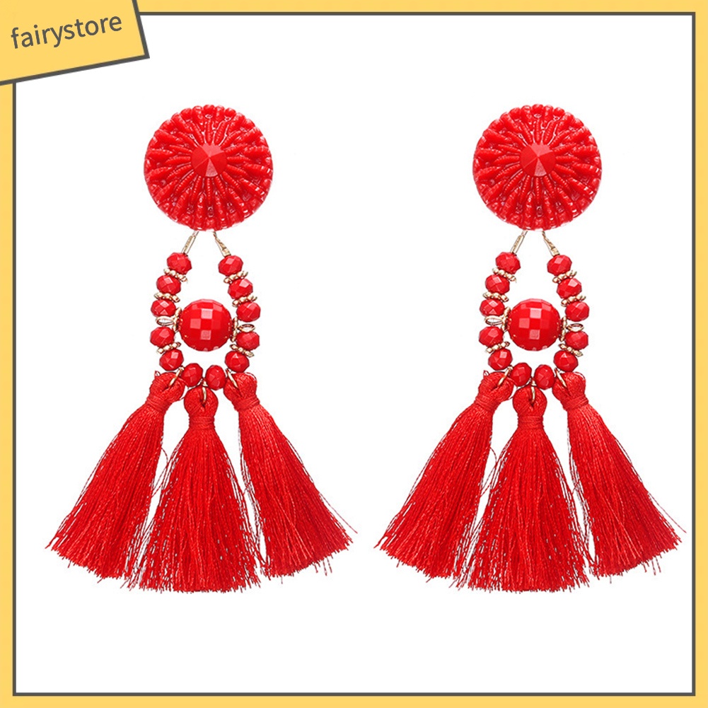 Khuyên Tai Chuỗi Đính Hạt Nhựa Phối Tua Rua Phong Cách Bohemian